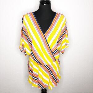 Trina Turk yellow orange white striped peplum faux wrap top size Extra Large XL